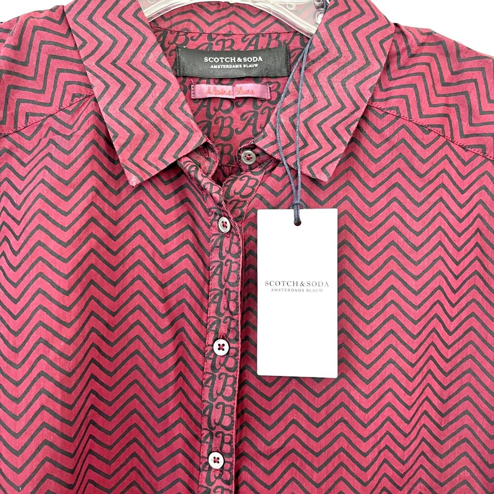 NWT Scotch & Soda Long Sleeve Button Up Semi Sheer Shirt Burgundy Black Small - Picture 2 of 12